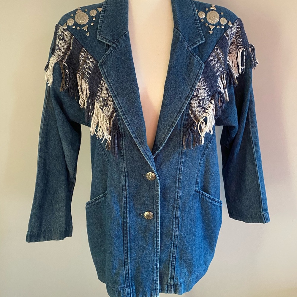 80s Vintage Denim Blazer w/ Southwestern Accents